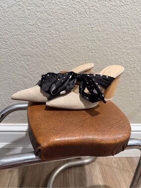 Botkier Beige Pointed Mule with Black Polka Dot Bow
